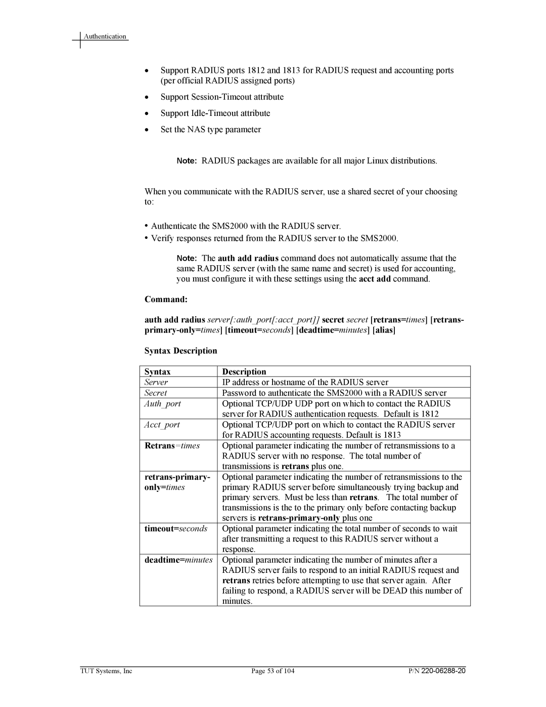 Tut Systems SMS2000 manual Command, Syntax Description 