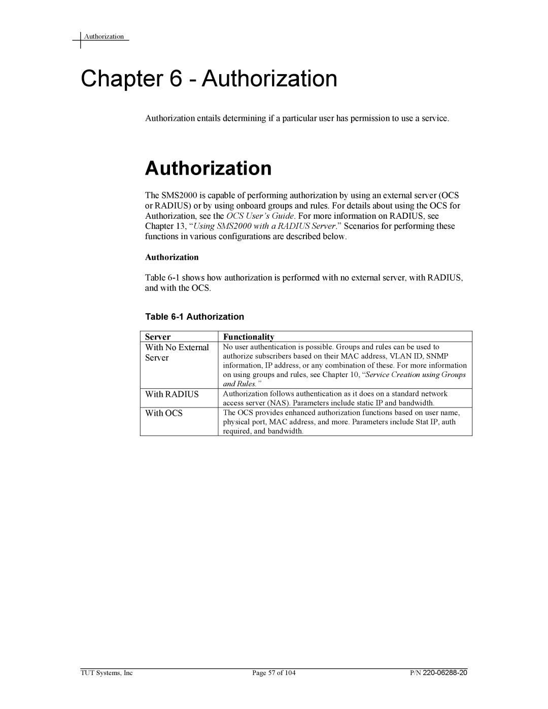 Tut Systems SMS2000 manual Authorization, Server Functionality 