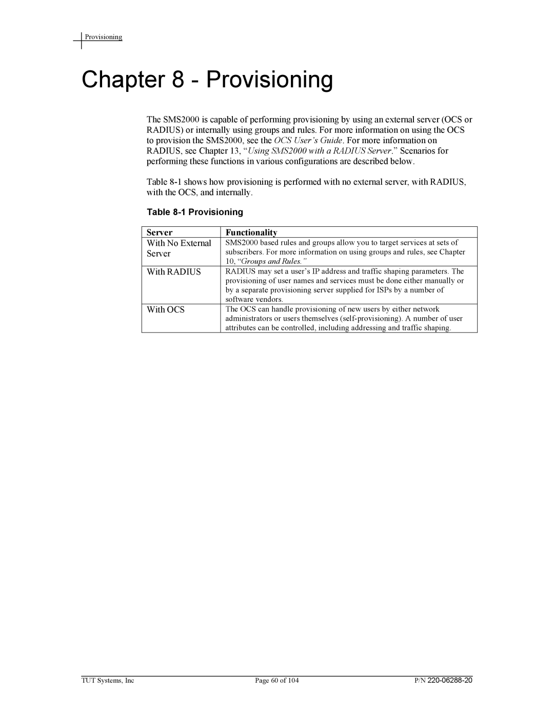 Tut Systems SMS2000 manual Provisioning 