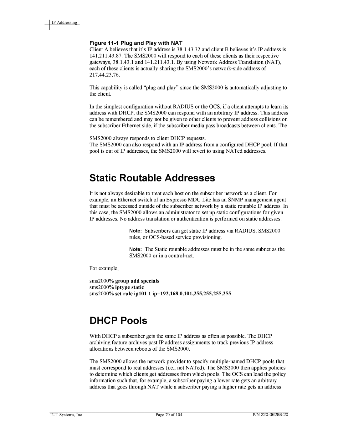 Tut Systems SMS2000 manual Static Routable Addresses, Dhcp Pools 