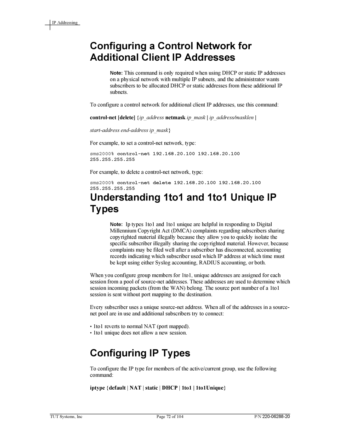 Tut Systems SMS2000 manual Understanding 1to1 and 1to1 Unique IP Types, Configuring IP Types 