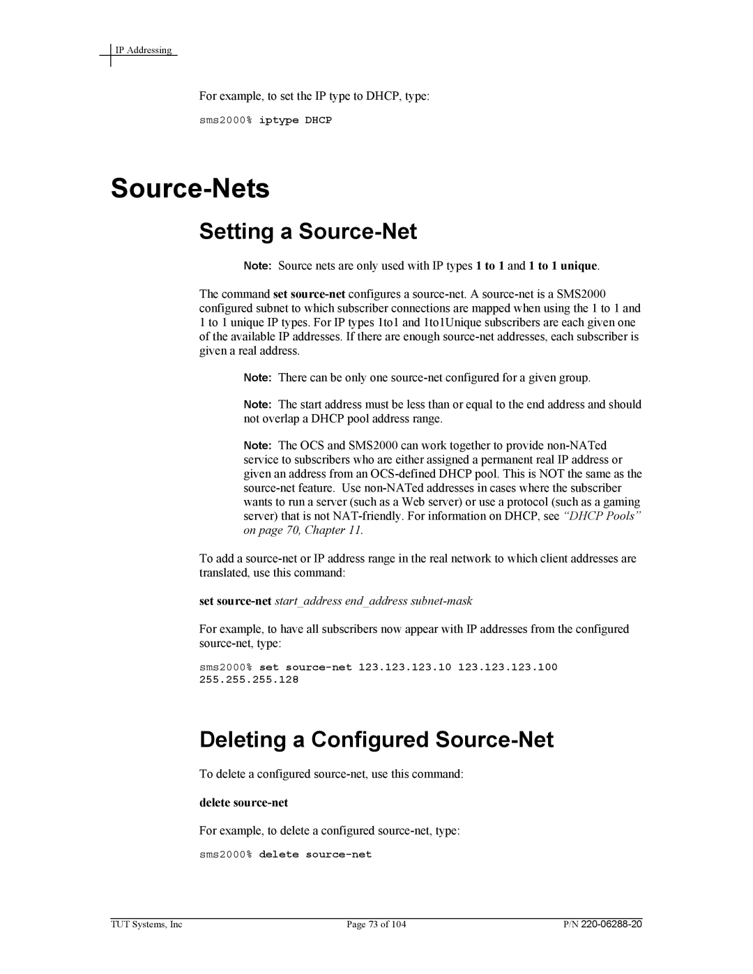 Tut Systems SMS2000 manual Source-Nets, Setting a Source-Net, Deleting a Configured Source-Net, Delete source-net 