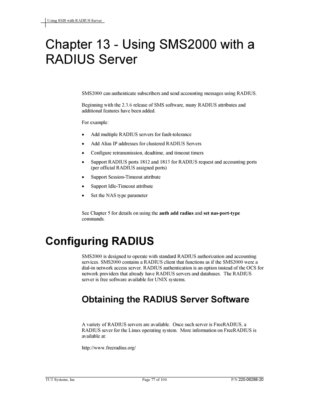 Tut Systems manual Using SMS2000 with a Radius Server, Configuring Radius, Obtaining the Radius Server Software 