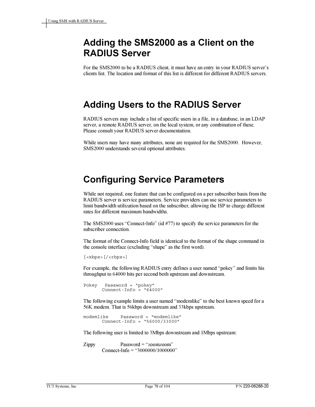 Tut Systems manual Adding the SMS2000 as a Client on the Radius Server, Adding Users to the Radius Server 