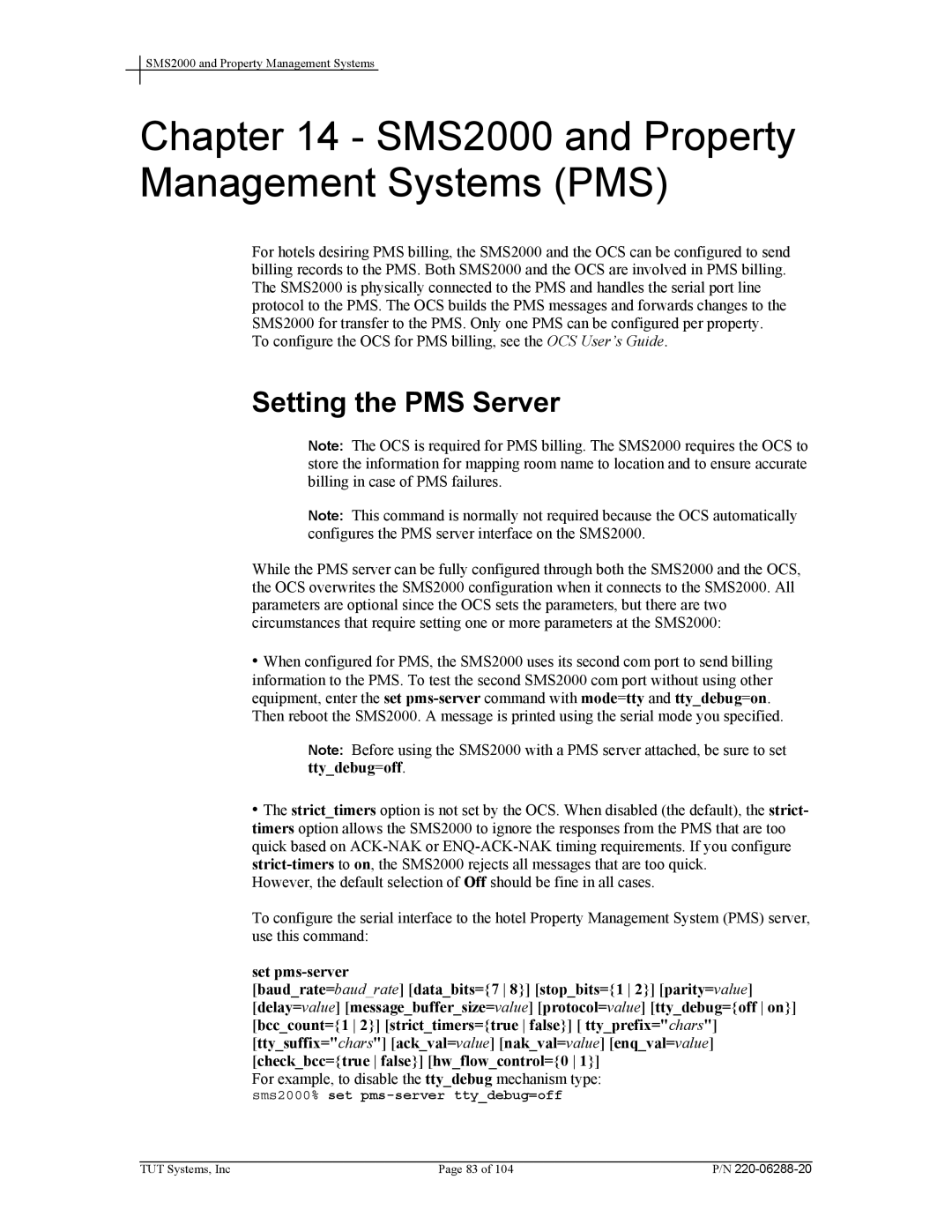 Tut Systems manual SMS2000 and Property Management Systems PMS, Setting the PMS Server 