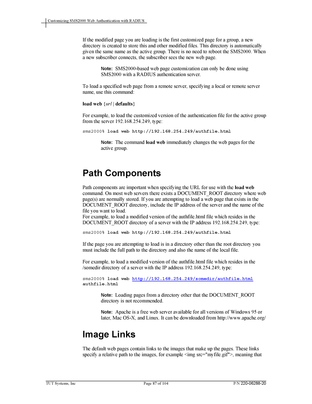 Tut Systems SMS2000 manual Path Components, Image Links, Load web url defaults 