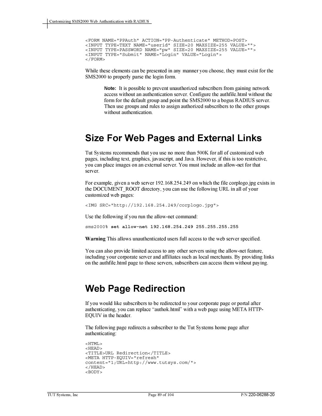 Tut Systems SMS2000 manual Size For Web Pages and External Links, Web Page Redirection 