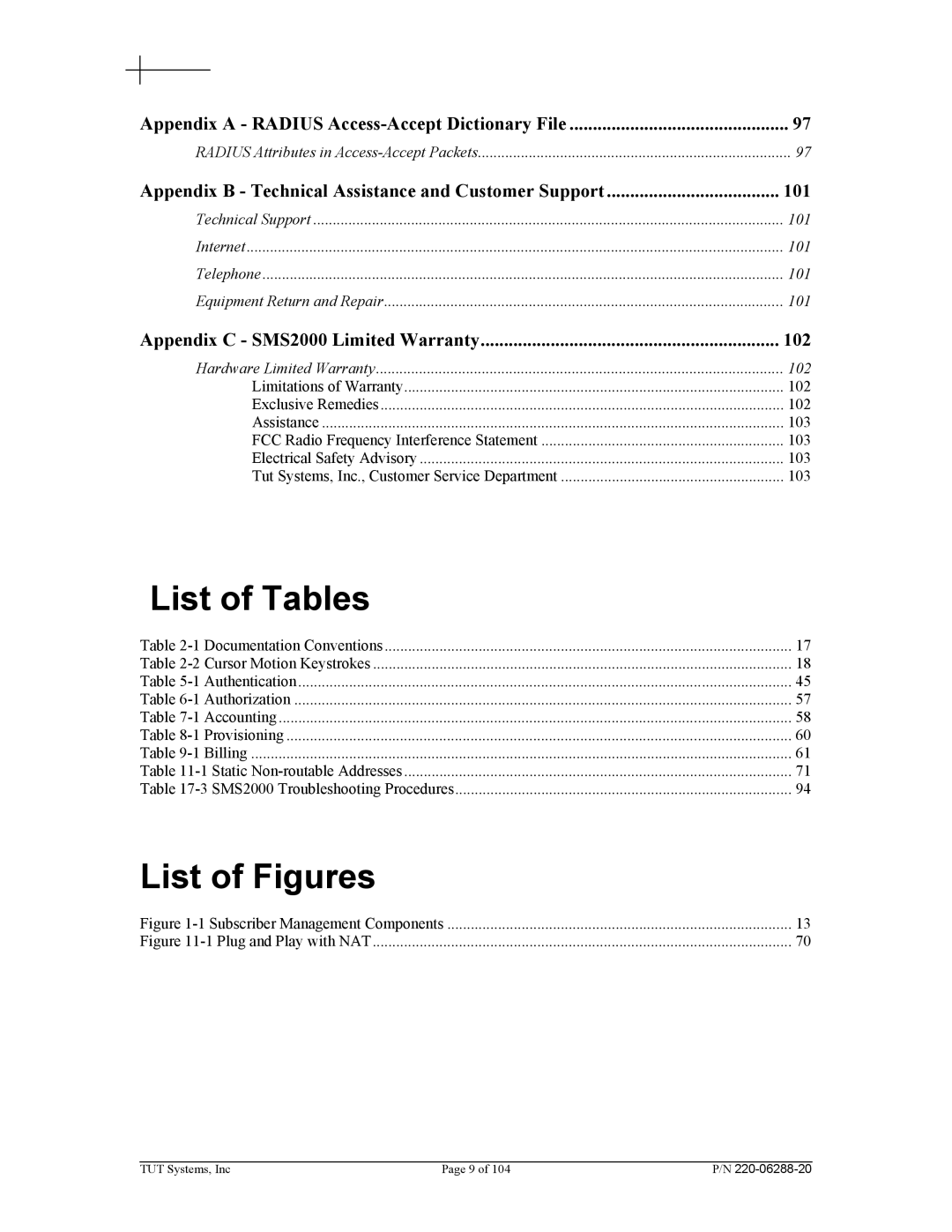 Tut Systems SMS2000 manual List of Tables, List of Figures, Radius Attributes in Access-Accept Packets 