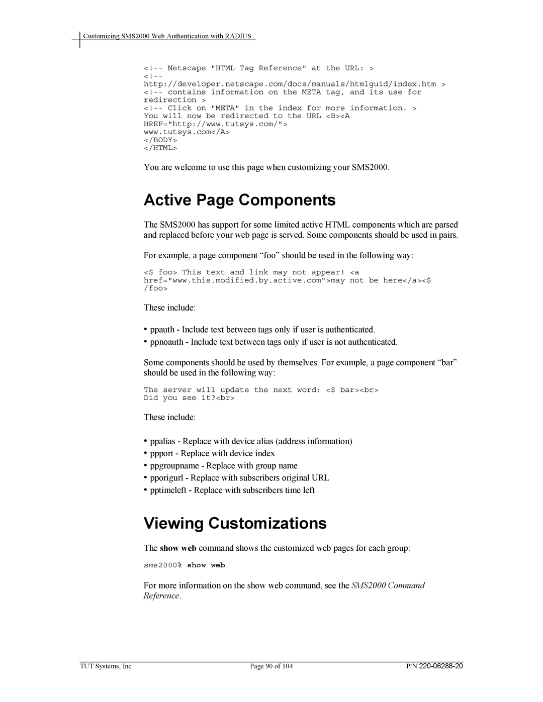 Tut Systems SMS2000 manual Active Page Components, Viewing Customizations, Reference 
