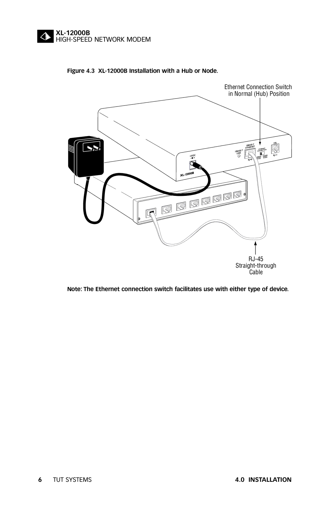 Tut Systems manual XL-12000B Installation with a Hub or Node 