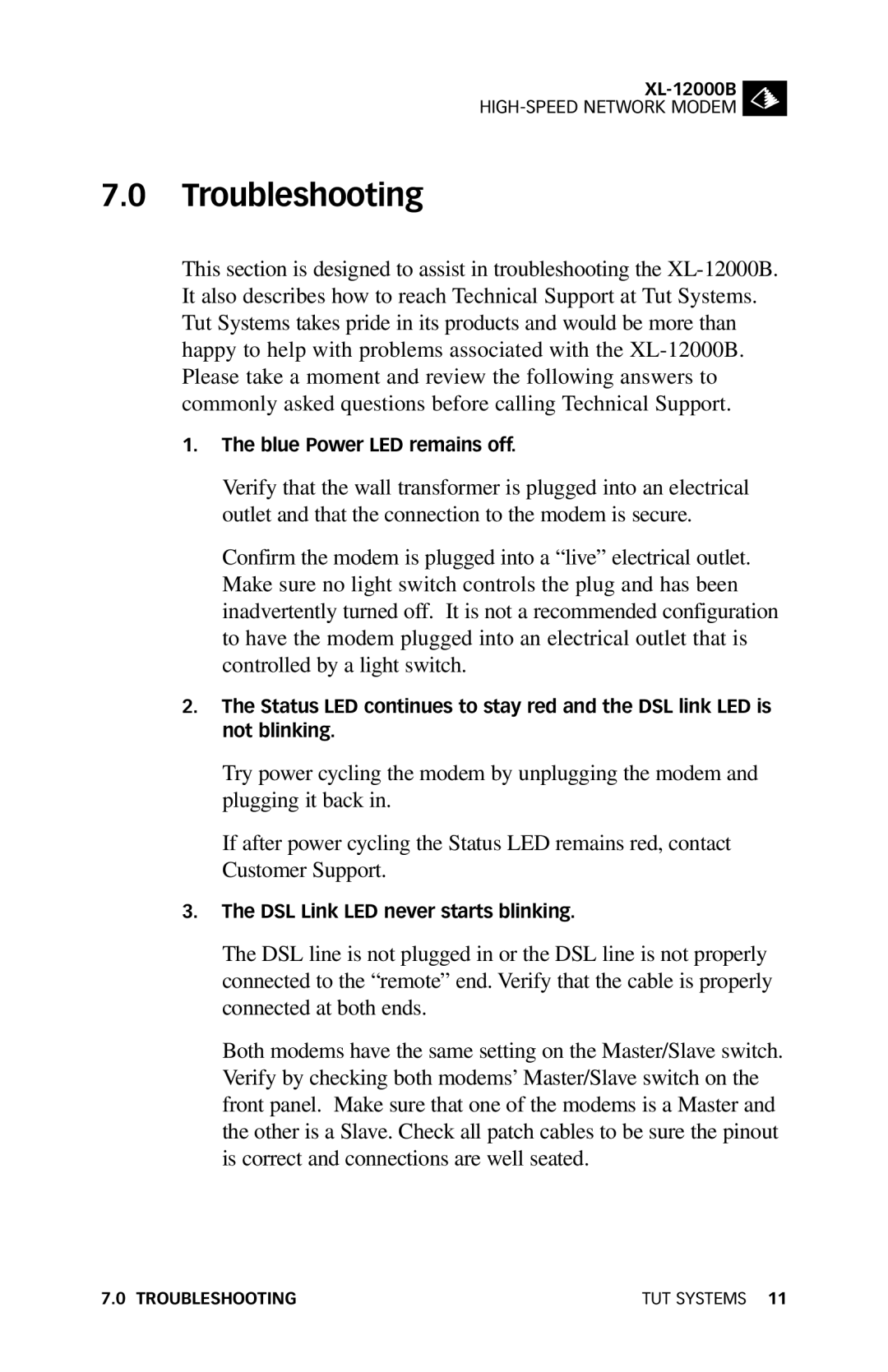 Tut Systems XL-12000B manual Troubleshooting 