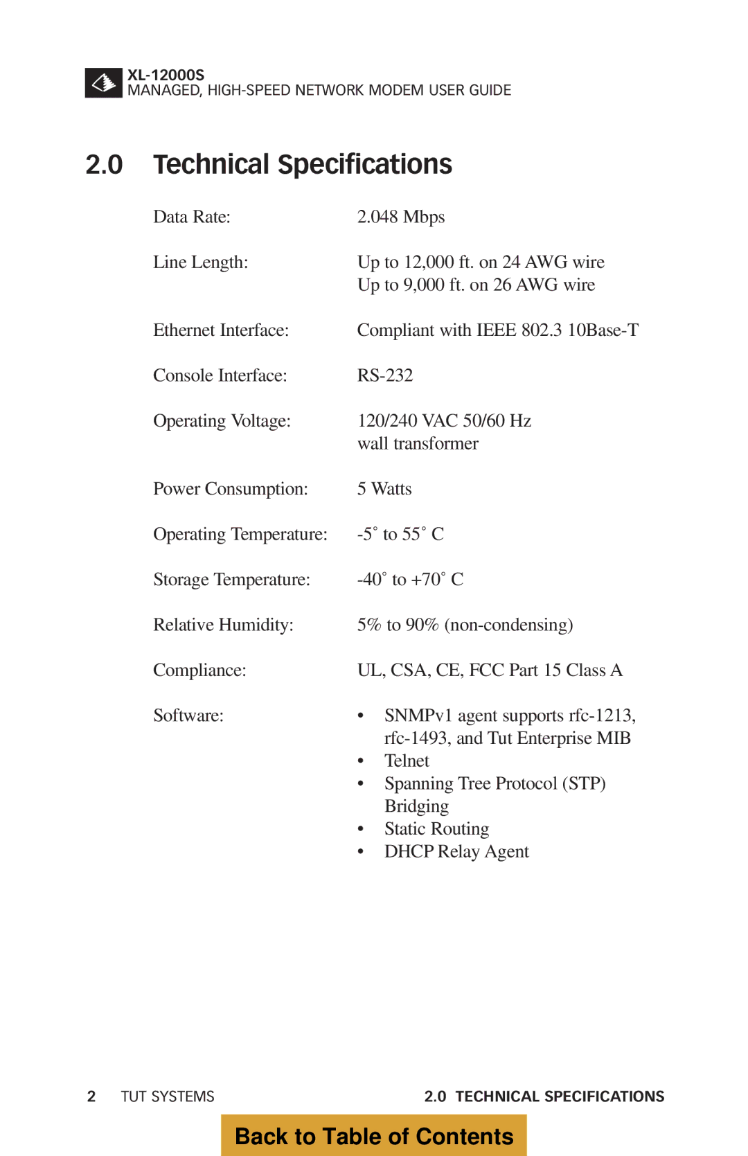 Tut Systems XL-12000S manual Technical Specifications 