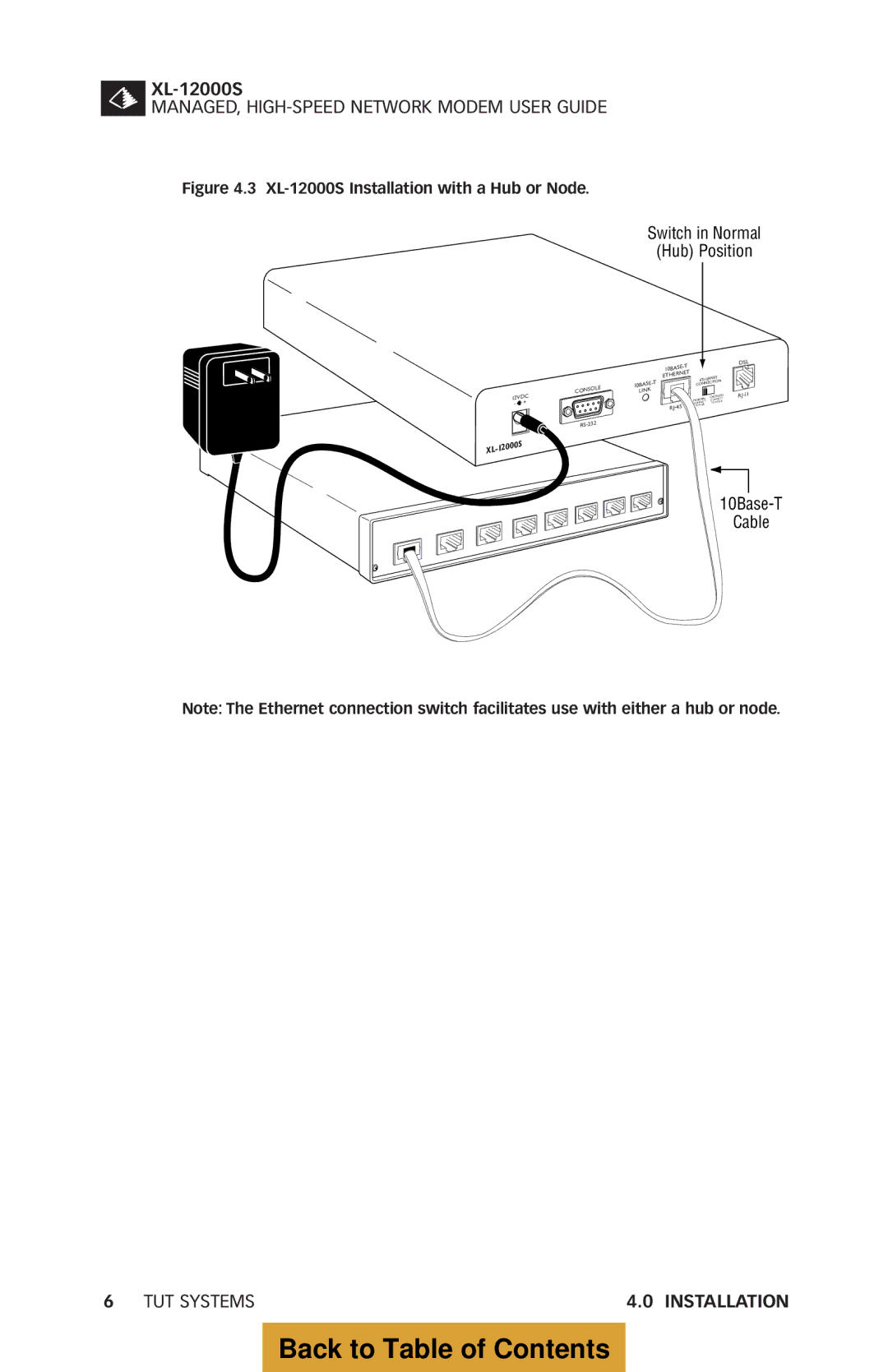 Tut Systems XL-12000S manual 10Base-T Cable 