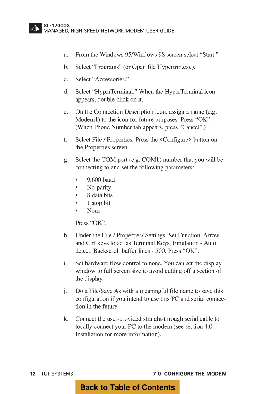 Tut Systems XL-12000S manual TUT Systems Configure the Modem 