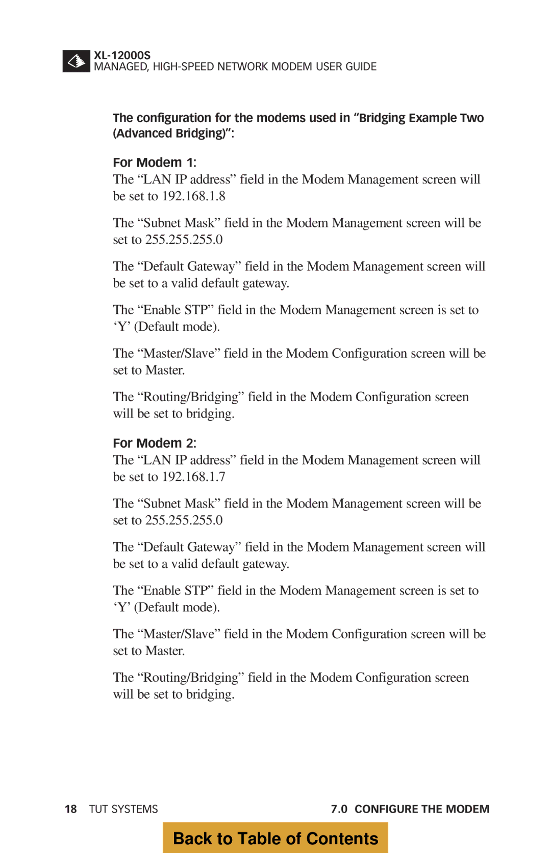 Tut Systems XL-12000S manual Back to Table of Contents 