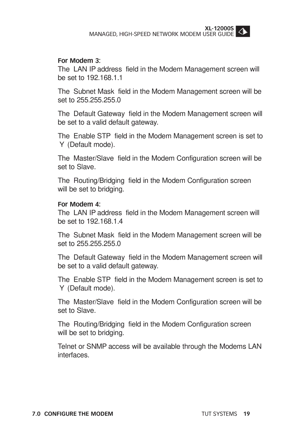 Tut Systems XL-12000S manual For Modem 