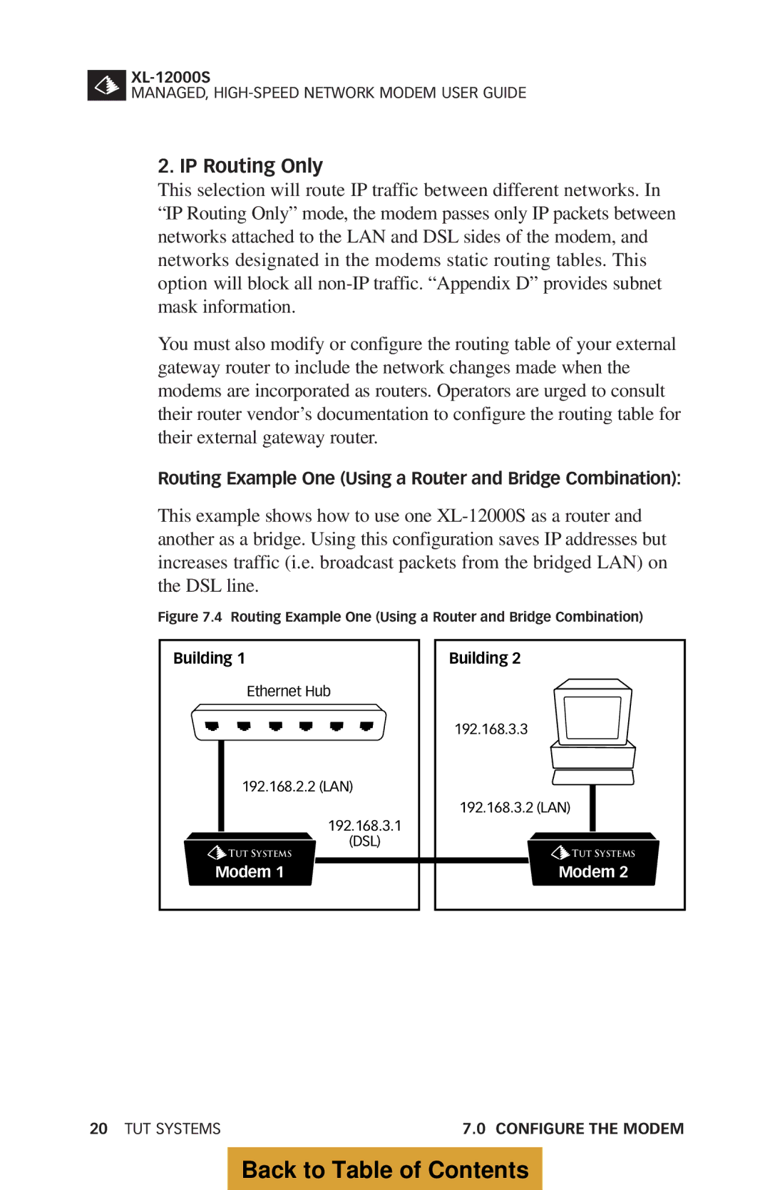 Tut Systems XL-12000S manual IP Routing Only, Routing Example One Using a Router and Bridge Combination 