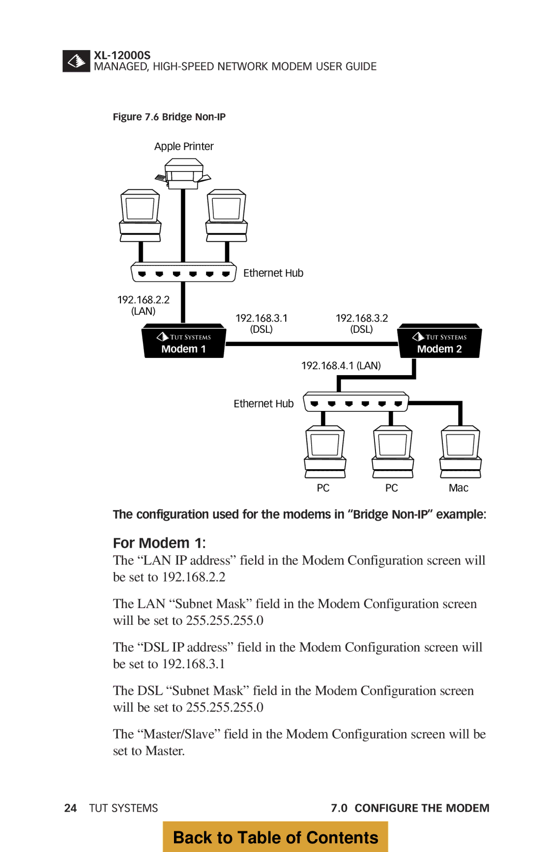 Tut Systems XL-12000S manual Configuration used for the modems in Bridge Non-IP example 