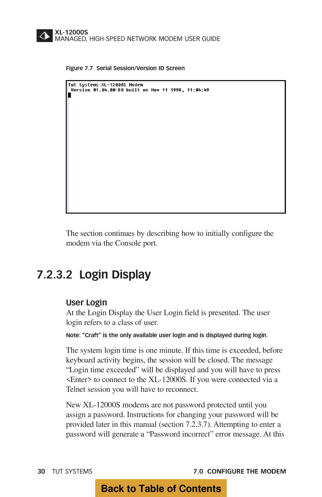 Tut Systems XL-12000S manual Login Display, User Login 