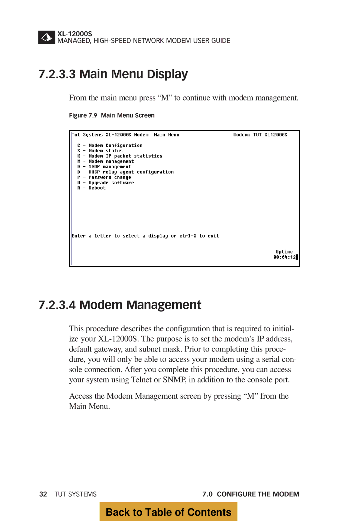 Tut Systems XL-12000S manual Main Menu Display, Modem Management 