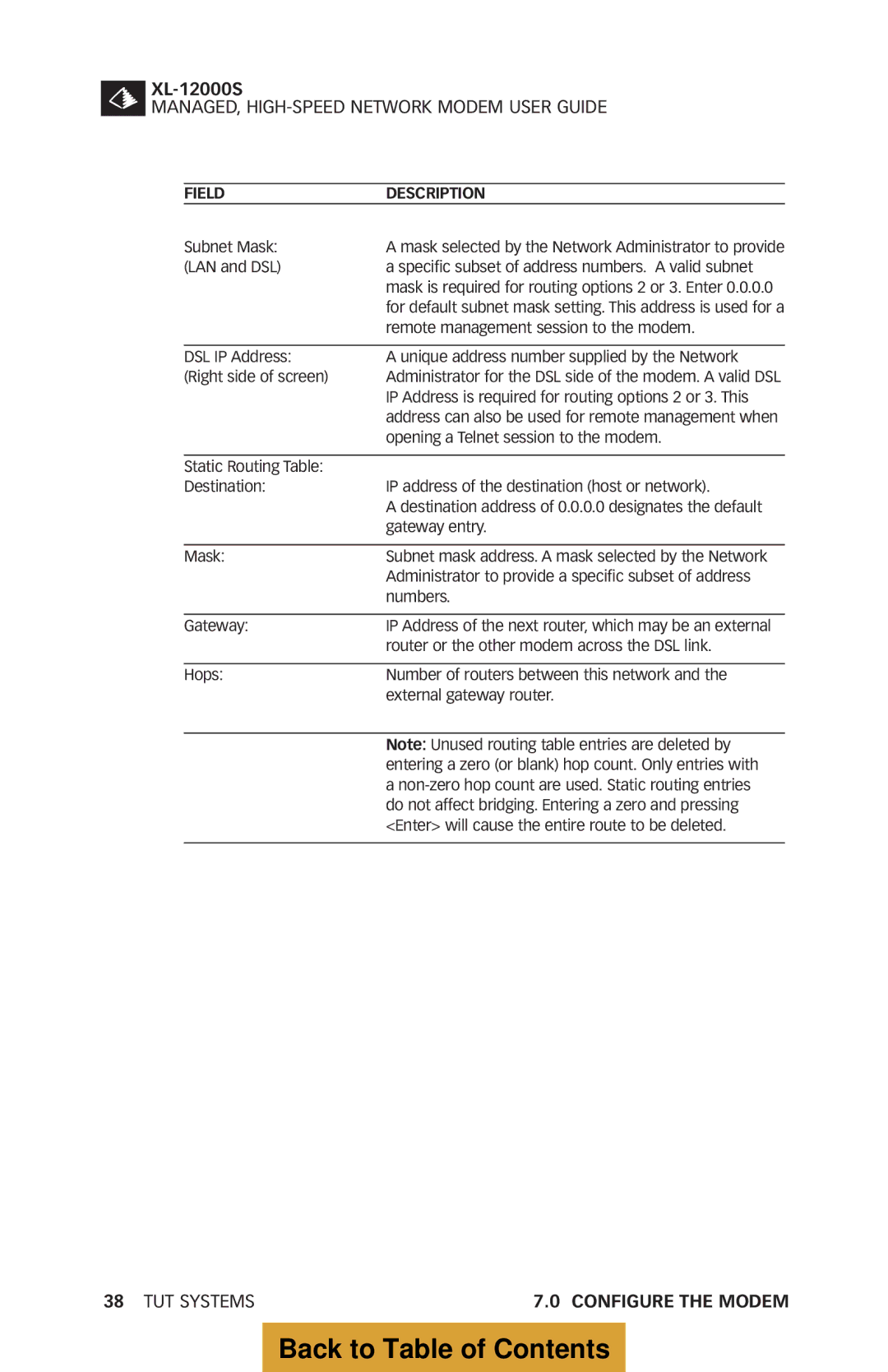 Tut Systems XL-12000S manual Remote management session to the modem 