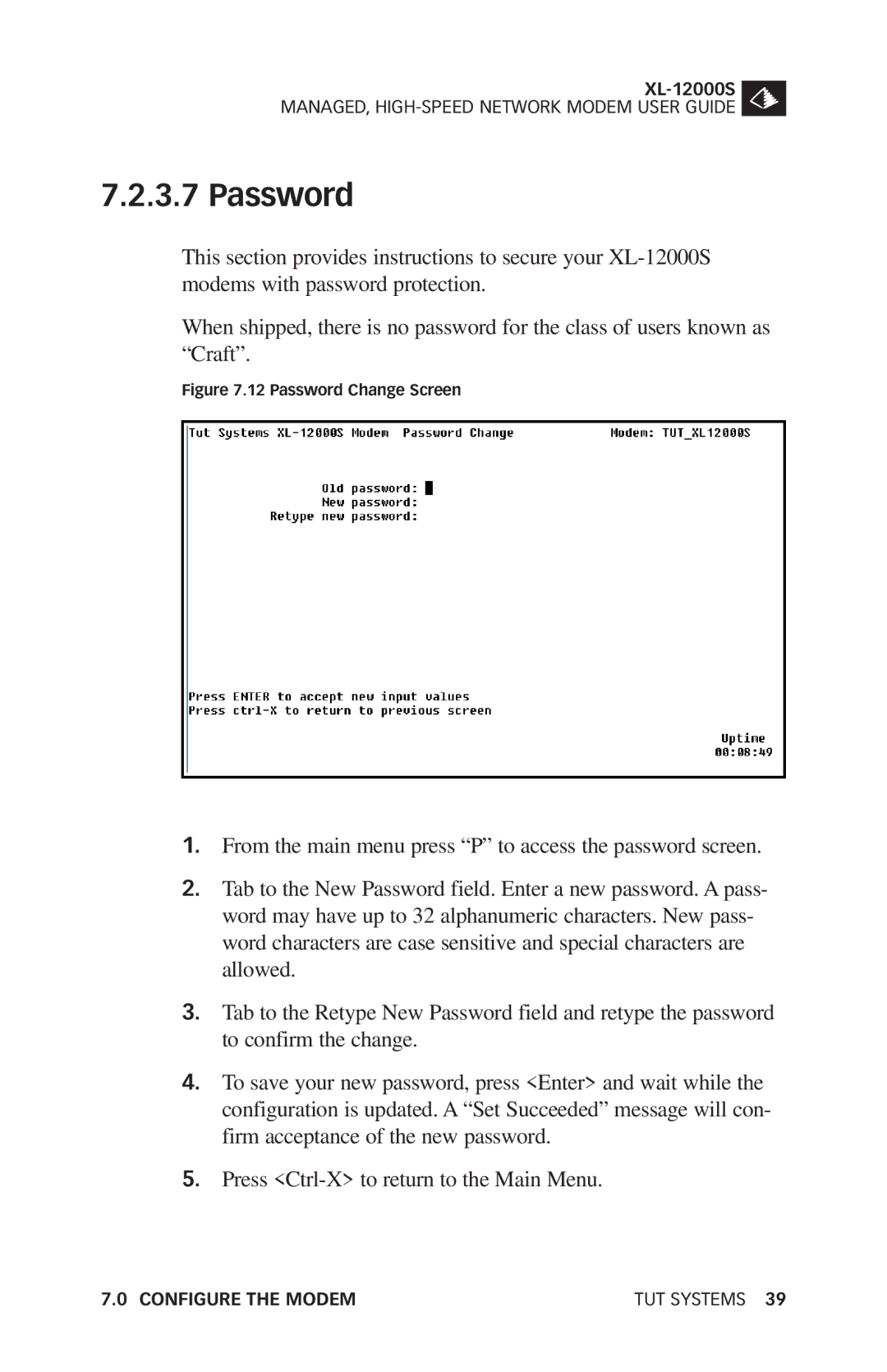 Tut Systems XL-12000S manual Password Change Screen 