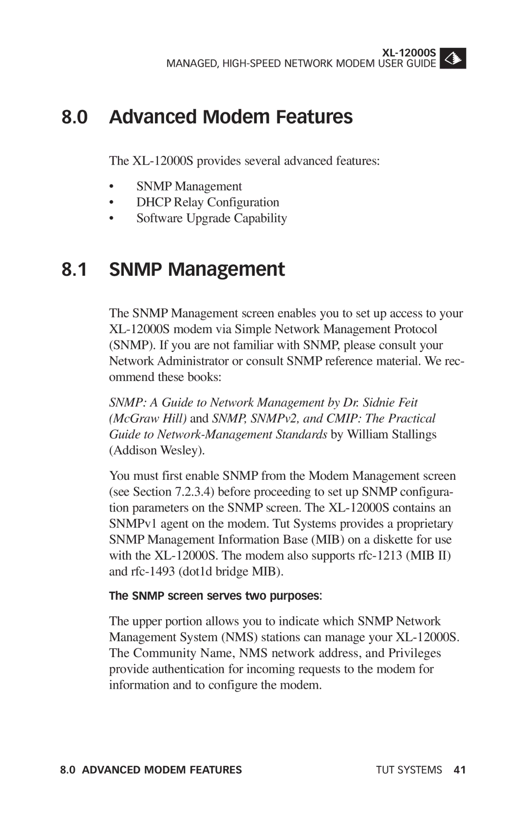 Tut Systems XL-12000S manual Advanced Modem Features, Snmp Management 