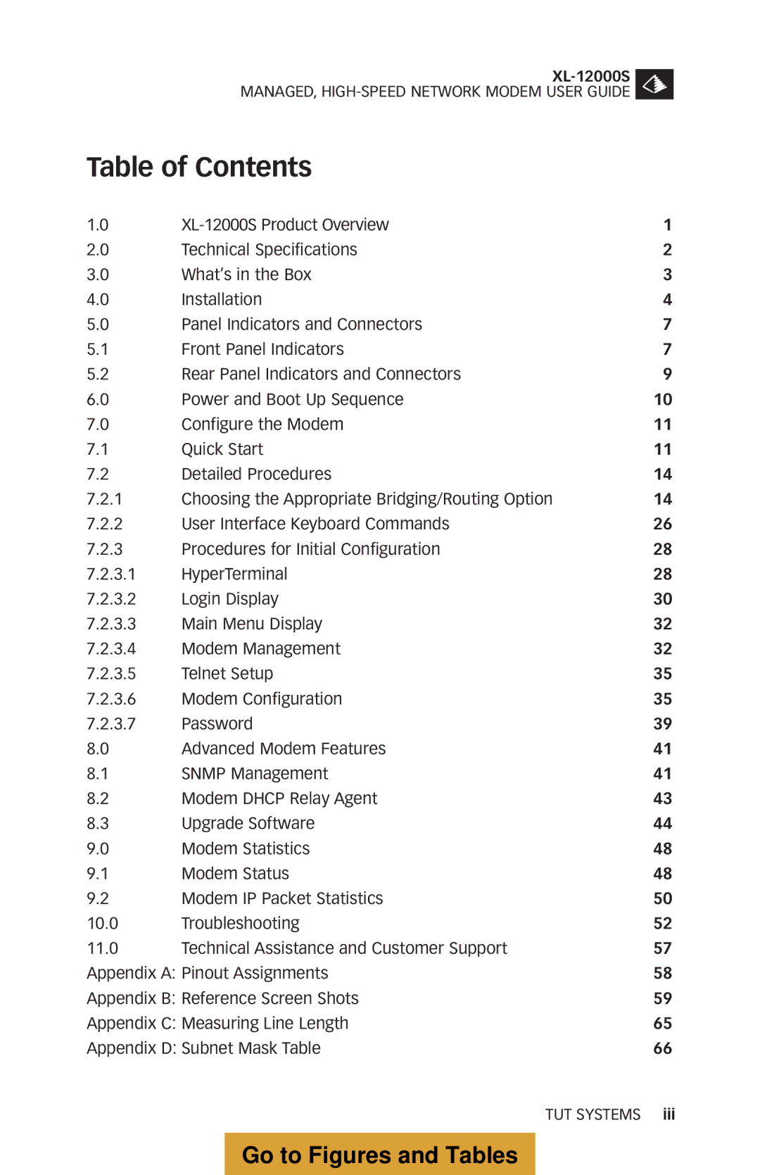 Tut Systems XL-12000S manual Table of Contents 