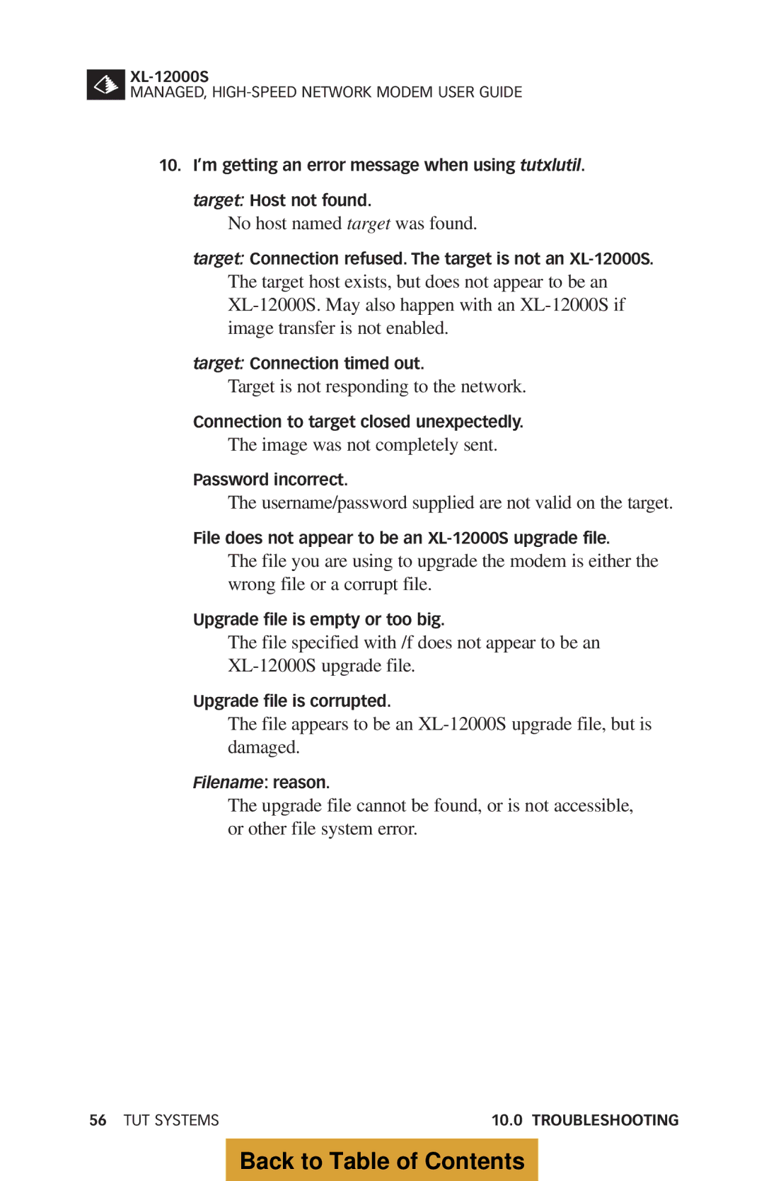 Tut Systems XL-12000S manual No host named target was found 