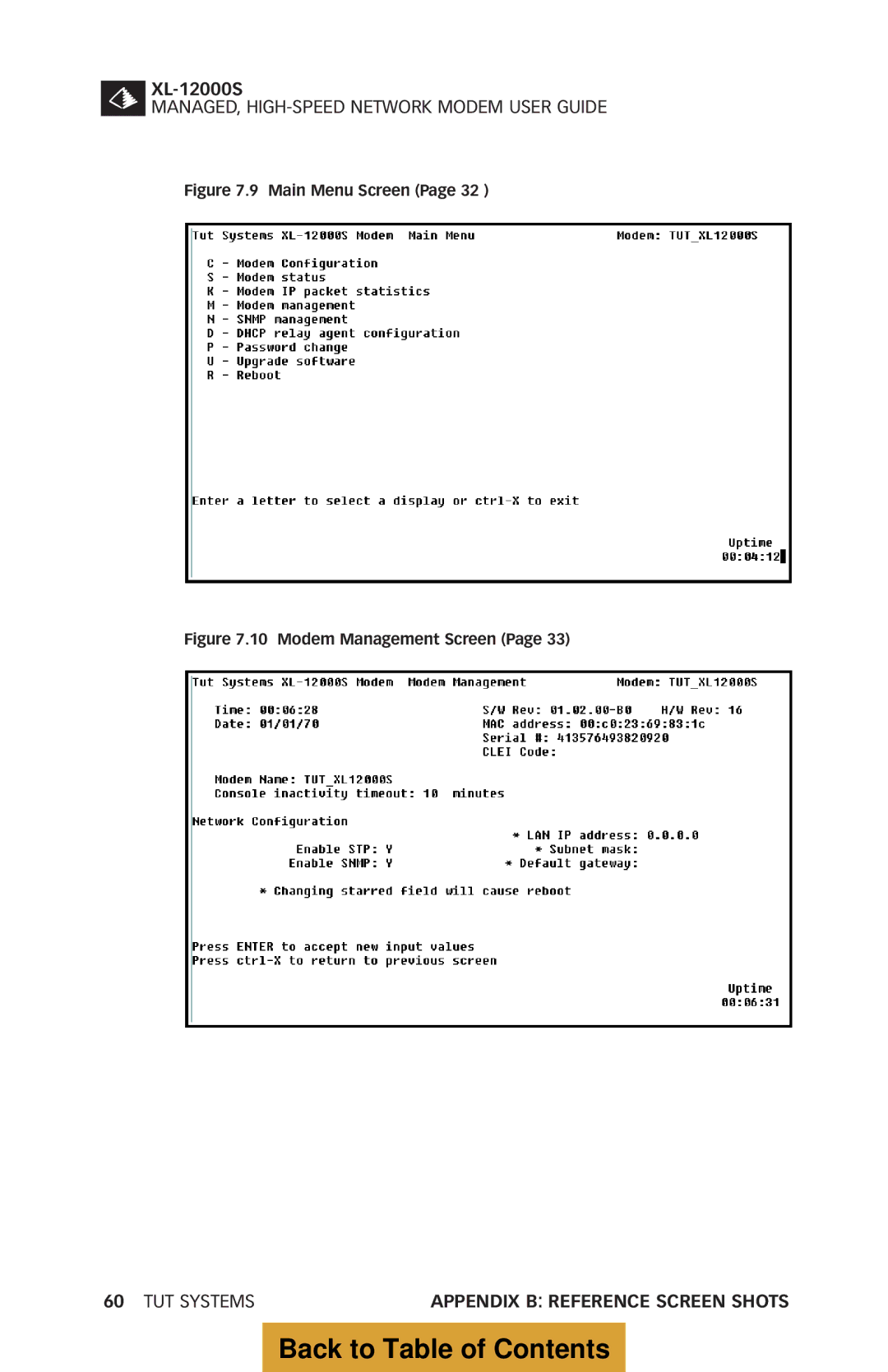 Tut Systems XL-12000S manual TUT Systems Appendix B Reference Screen Shots 