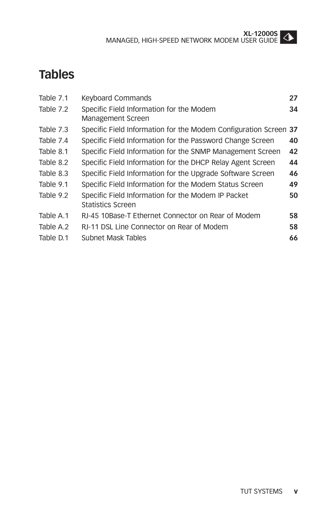 Tut Systems XL-12000S manual Tables 