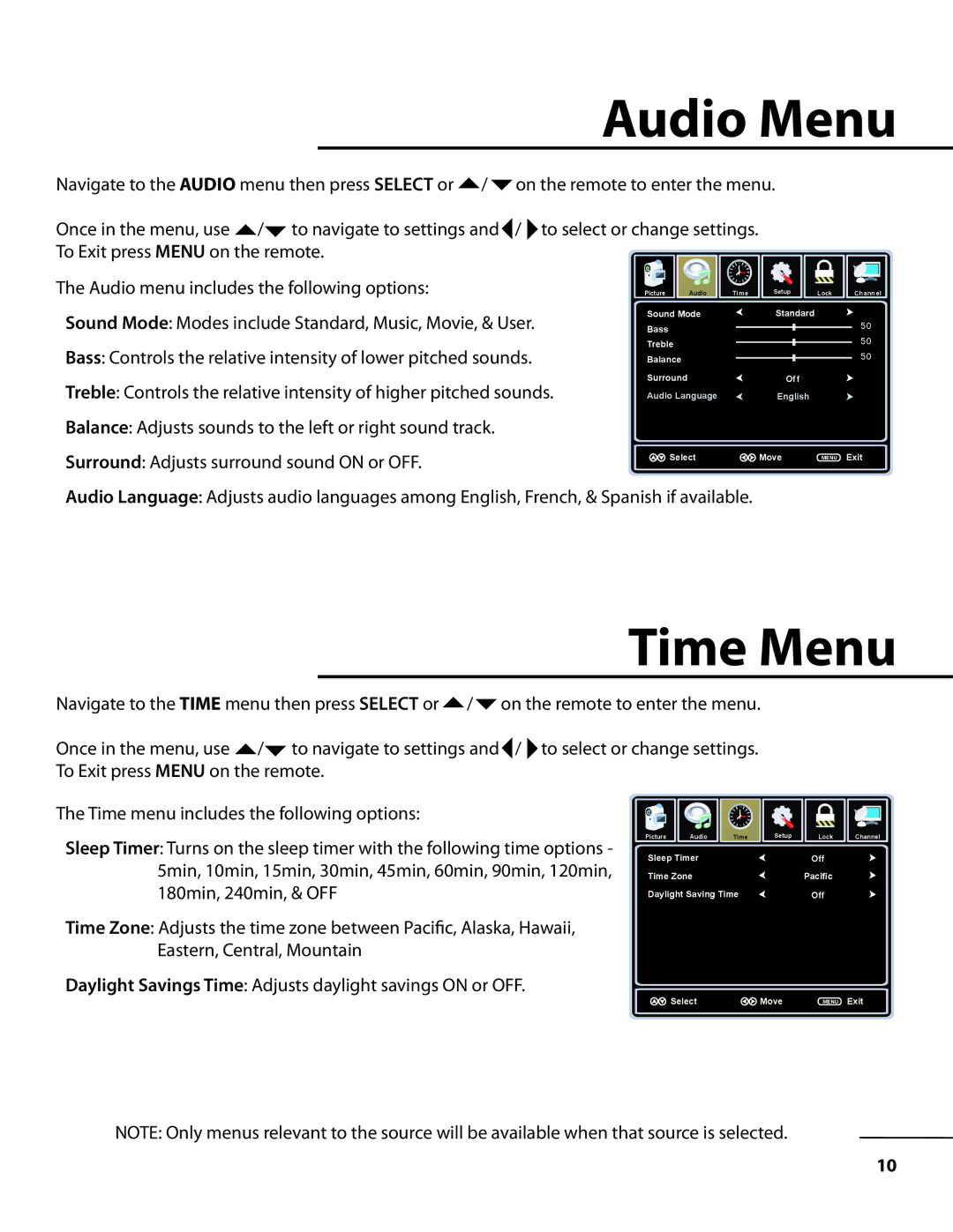 TV Ears 10510.2 instruction manual Audio Menu, Time Menu 