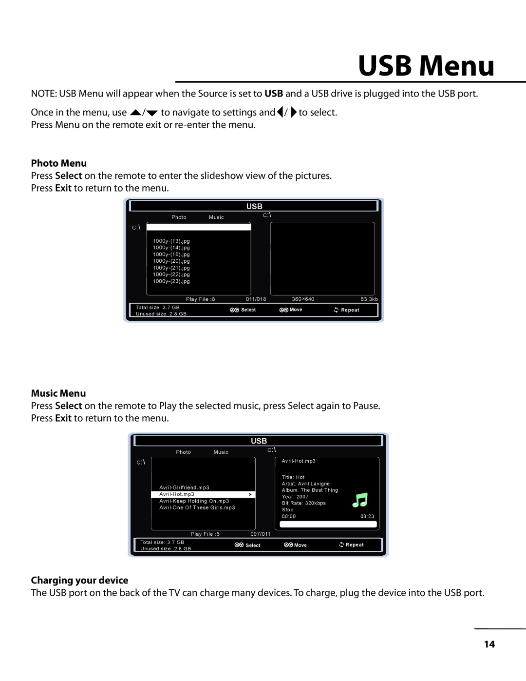 TV Ears 10510.2 instruction manual USB Menu, Photo Menu, Music Menu, Charging your device 