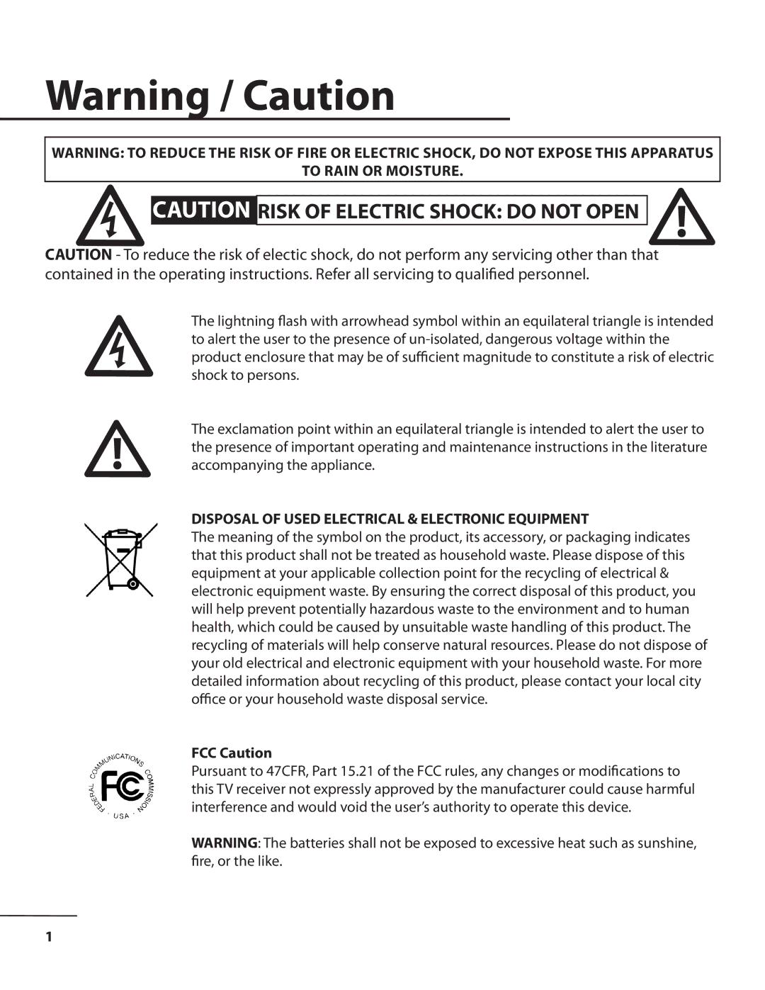 TV Ears 10510.2 instruction manual To Rain or Moisture, FCC Caution 