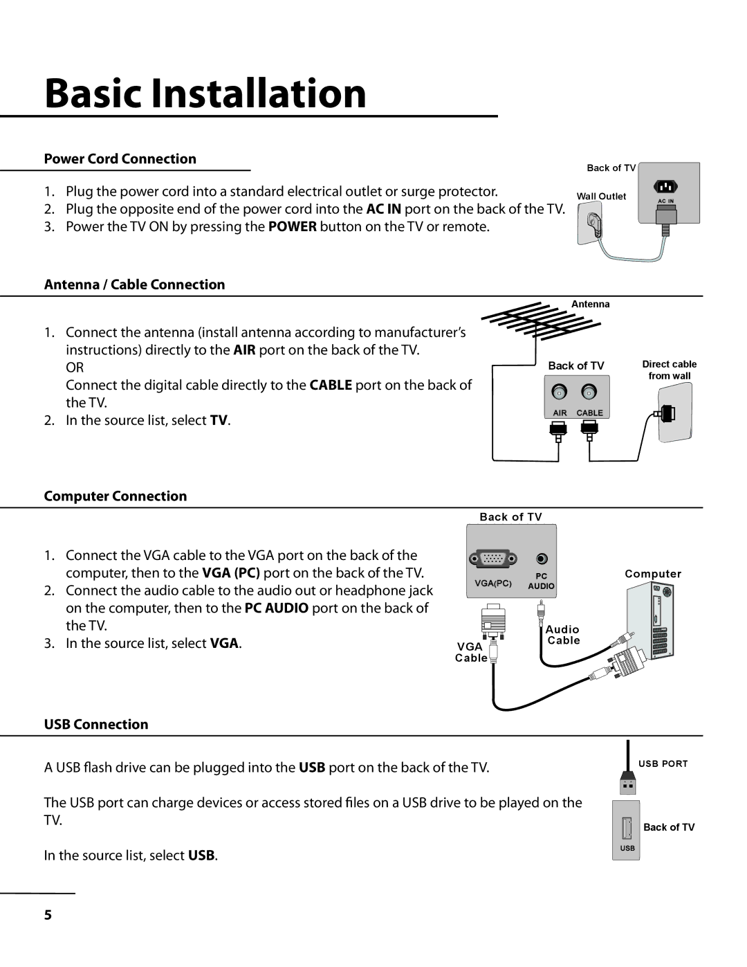 TV Ears 10510.2 Basic Installation, Power Cord Connection, Antenna / Cable Connection, Computer Connection, USB Connection 