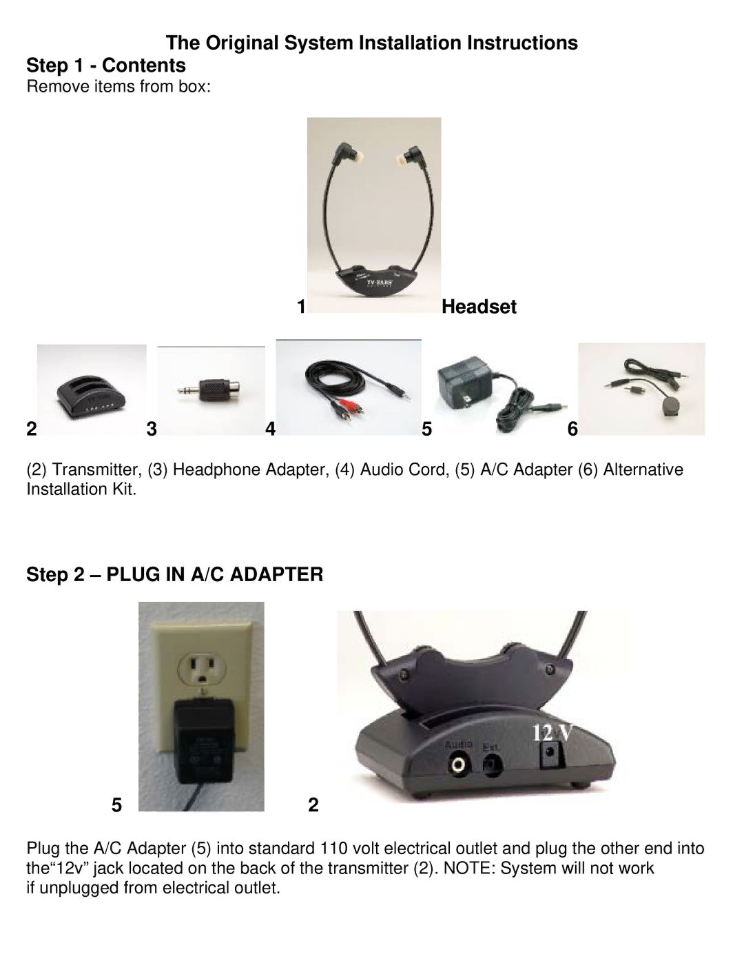 TV Ears Headphone installation instructions Original System Installation Instructions Contents, Headset 