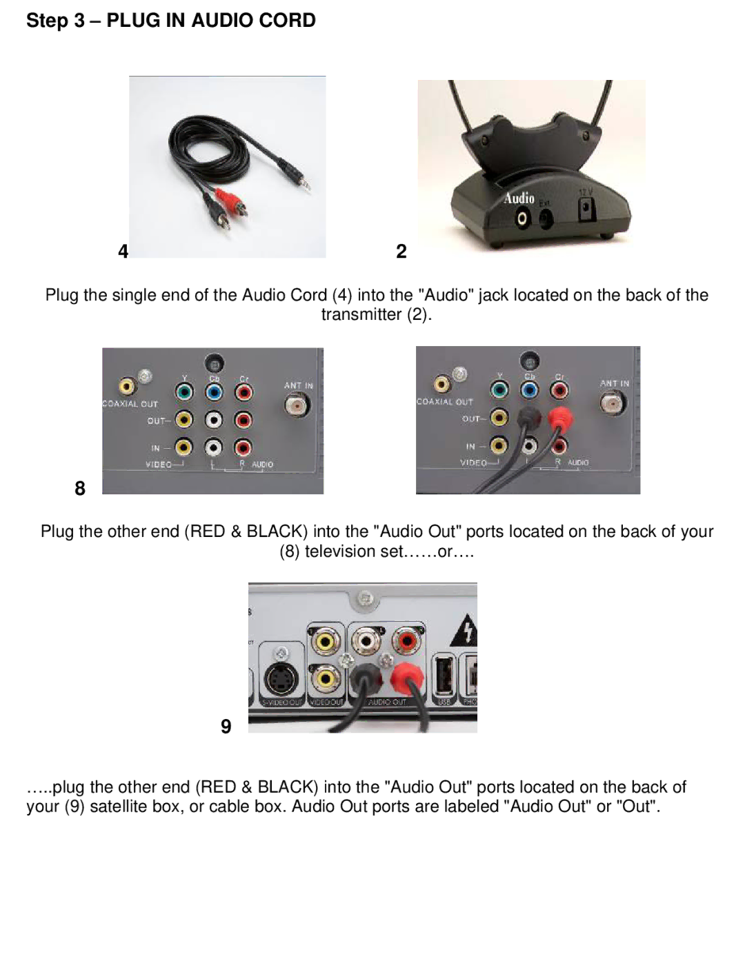 TV Ears Headphone installation instructions Plug in Audio Cord 