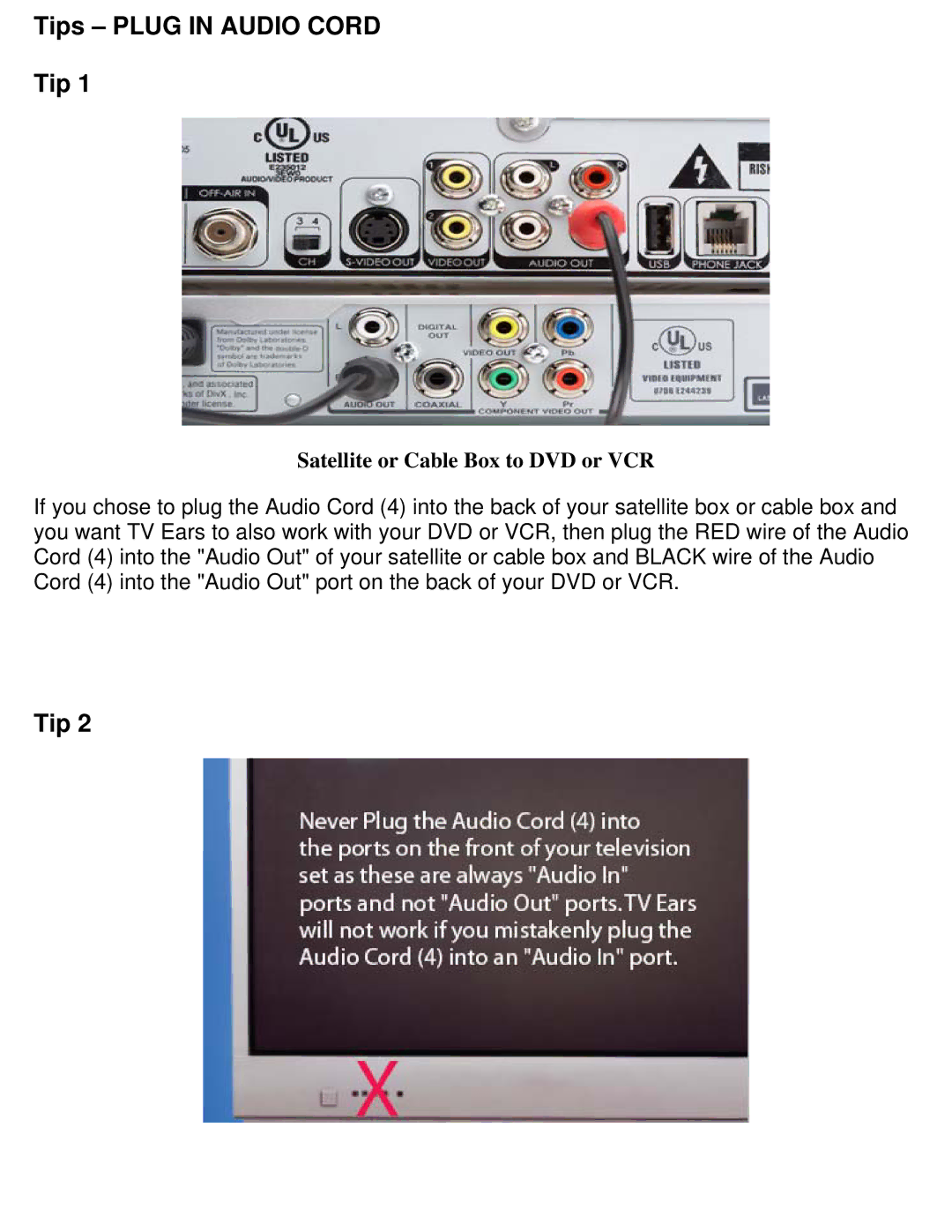 TV Ears Headphone installation instructions Tips Plug in Audio Cord 