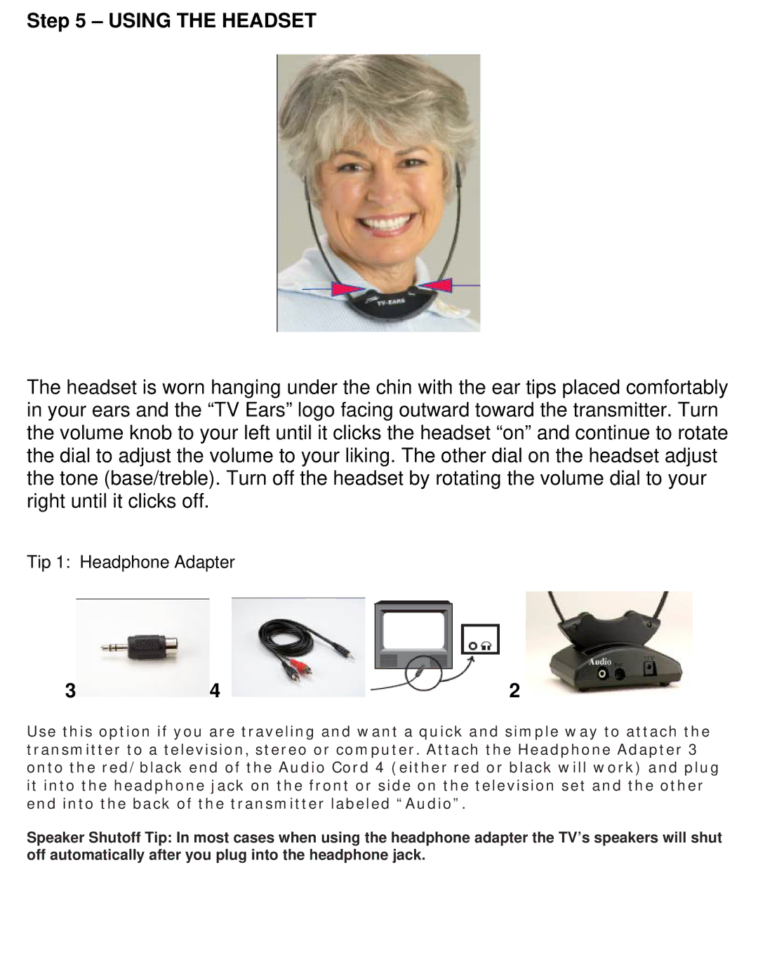 TV Ears installation instructions Using the Headset, Tip 1 Headphone Adapter 