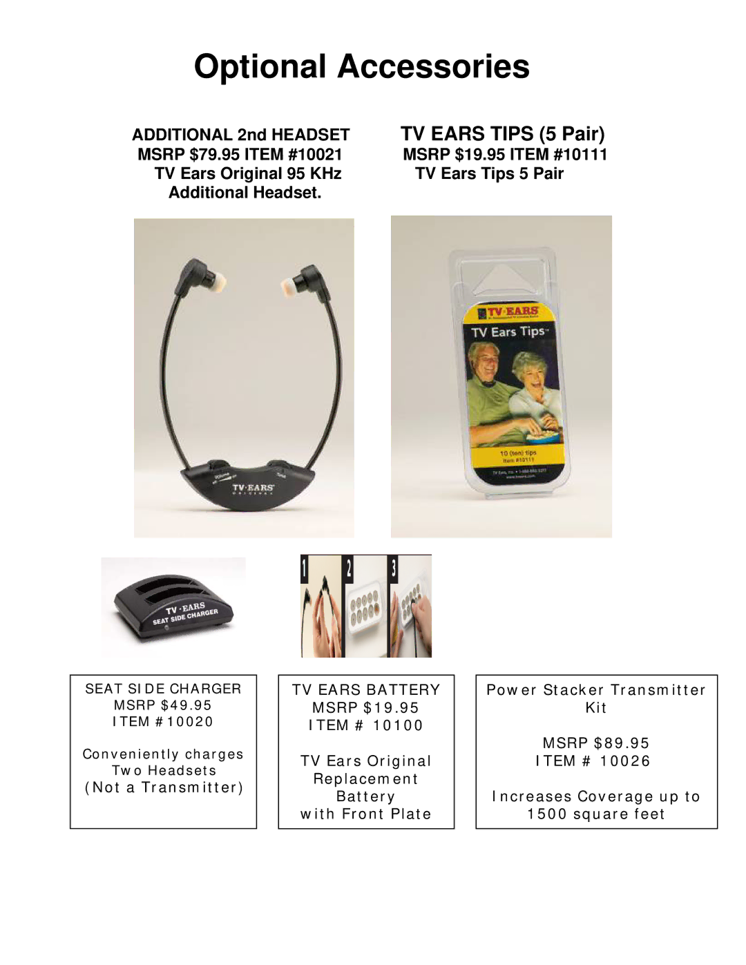 TV Ears Headphone installation instructions Optional Accessories, TV Ears Tips 5 Pair 