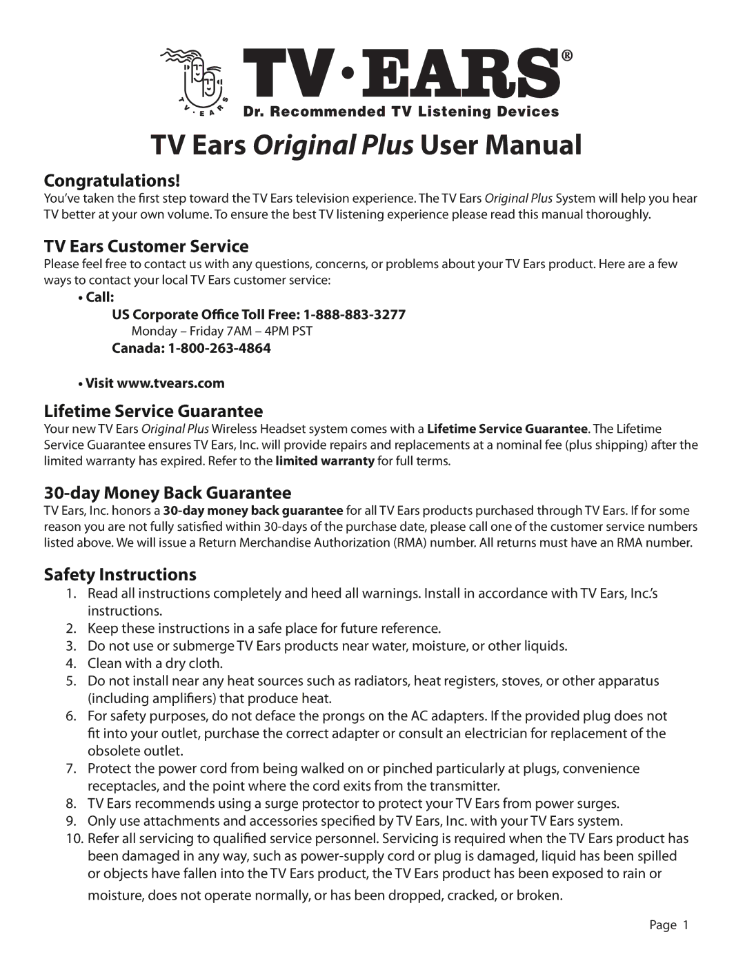 TV Ears Headphones user manual Congratulations, TV Ears Customer Service, Lifetime Service Guarantee, Safety Instructions 