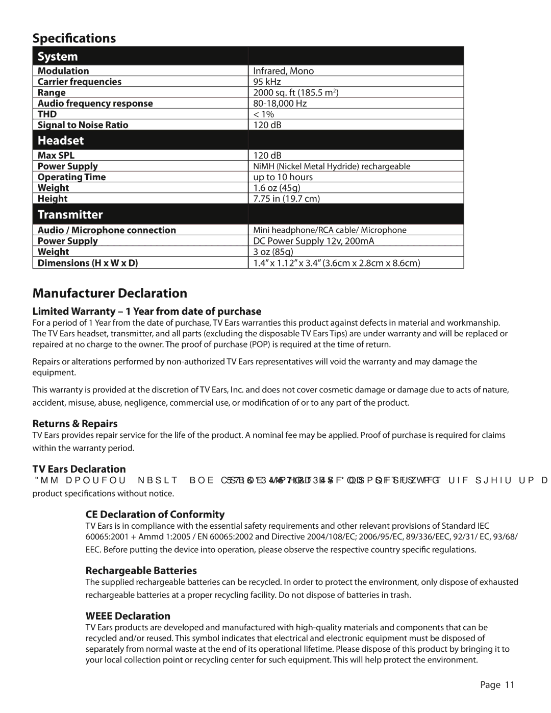 TV Ears Headphones user manual Specifications, Manufacturer Declaration 