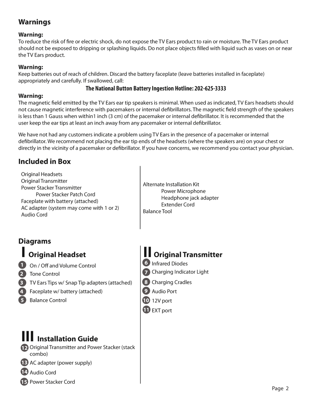 TV Ears Headphones user manual Included in Box, Diagrams Original Headset, III Installation Guide, II Original Transmitter 