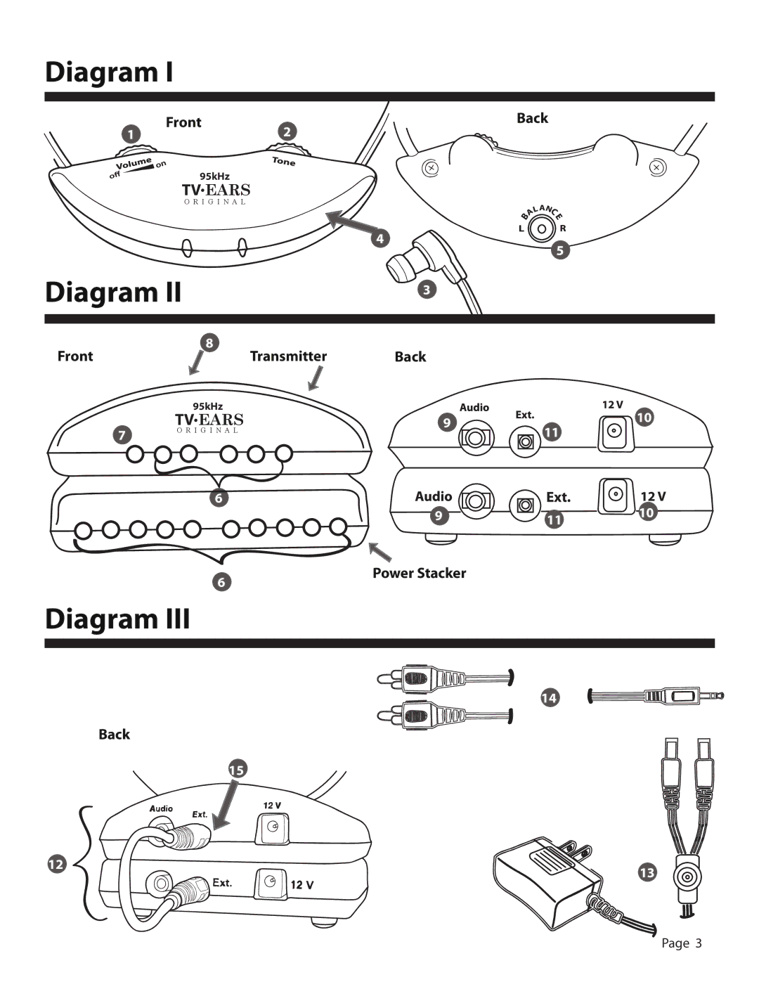 TV Ears Headphones user manual Front Back, Front Transmitter Back 