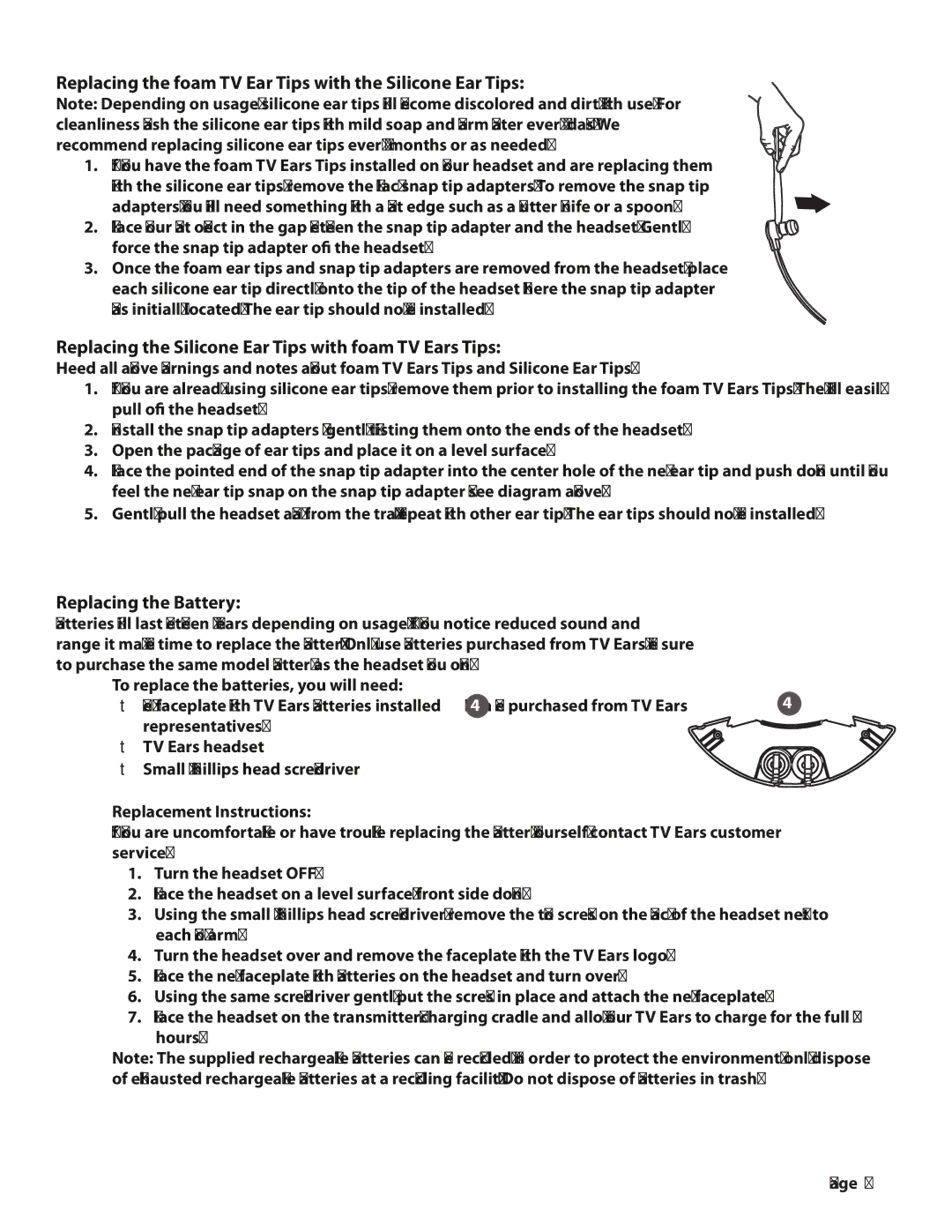 TV Ears Headphones user manual Replacing the foam TV Ear Tips with the Silicone Ear Tips, Replacing the Battery 