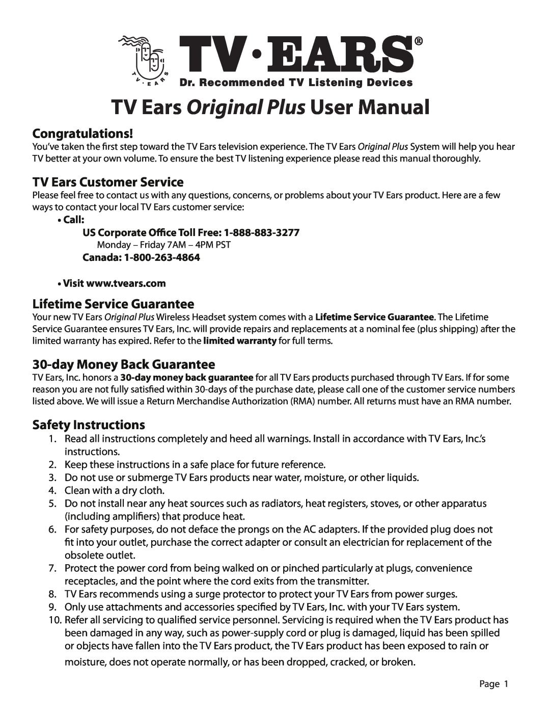 TV Ears Headphones user manual Congratulations, TV Ears Customer Service, Lifetime Service Guarantee, Safety Instructions 