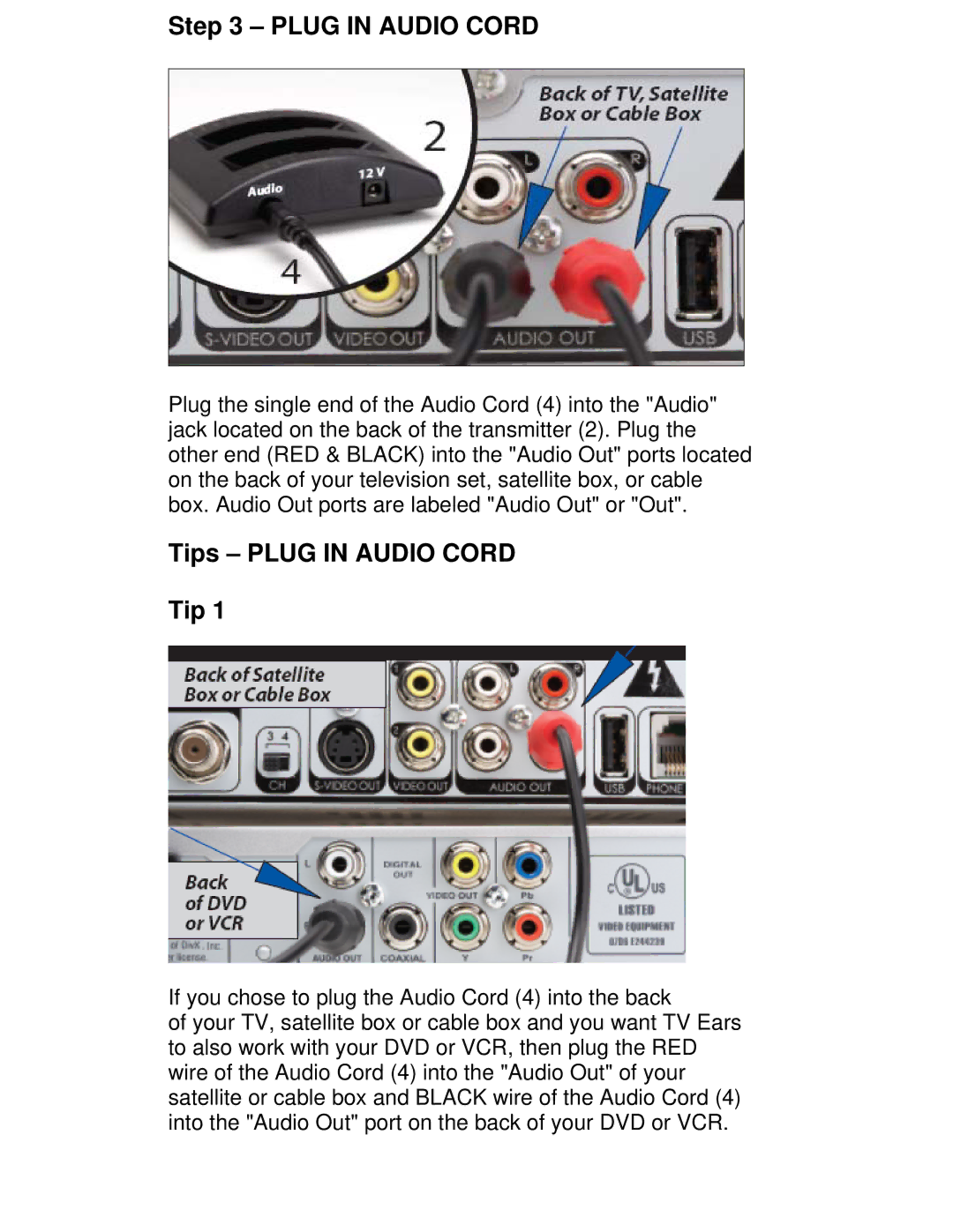 TV Ears Headset System installation instructions Tips Plug in Audio Cord 