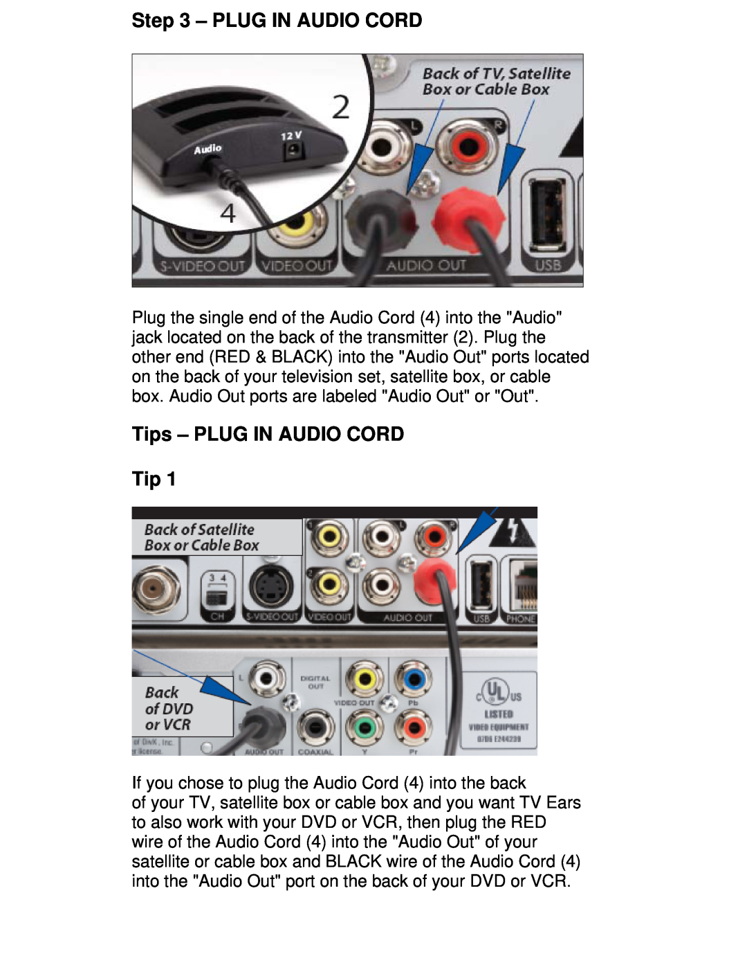 TV Ears Headset System installation instructions Plug In Audio Cord, Tips - PLUG IN AUDIO CORD Tip 