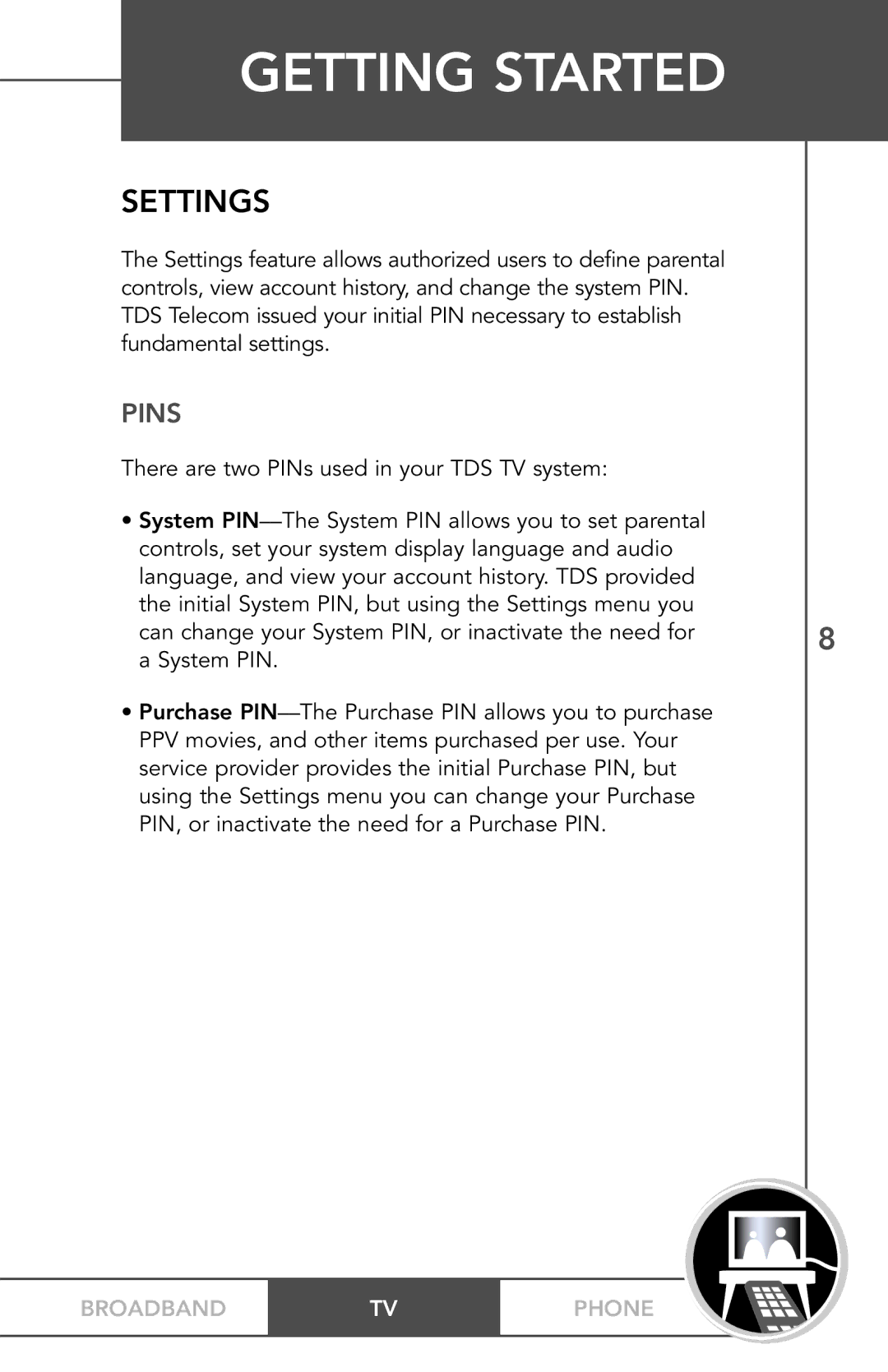 TV Guide On Screen PHONEBROADBAND TV manual Settings, Pins 