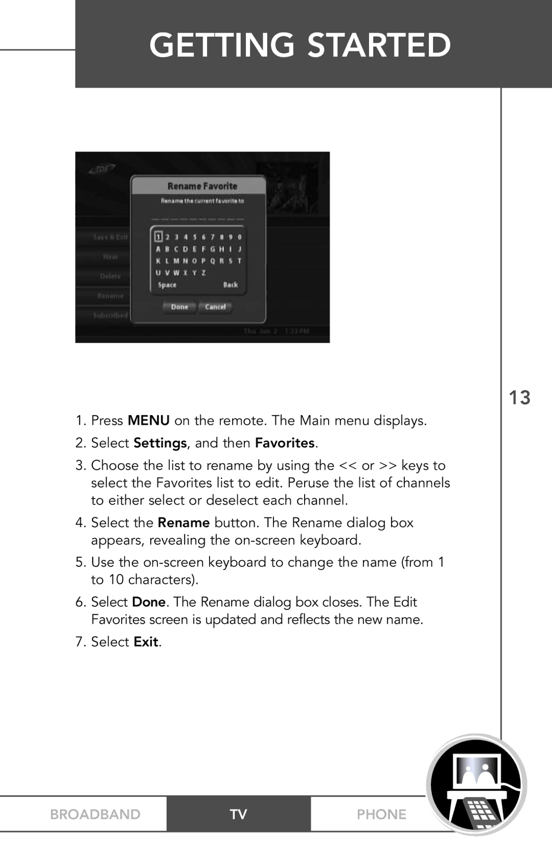 TV Guide On Screen PHONEBROADBAND TV manual Renaming Favorites 